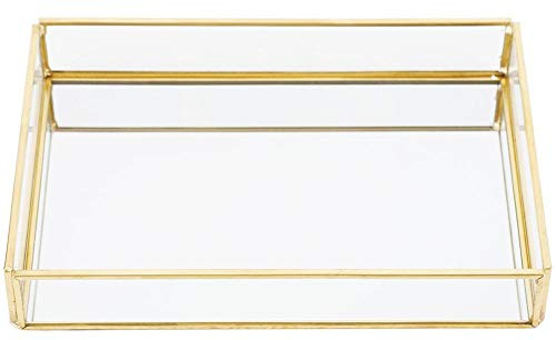 Nimoa Kosmetische Vitrine-Retro Metall Glas Aufbewahrungsbox Gold Tablett Schmuck Kosmetik Vitrine(M)