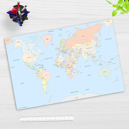 Schreibtischunterlage Kinder – “Weltkarte Kinder“ – aus erstklassigem, strapazierfähigem Vinyl (Kunststoff) – 60 x 40 cm – Rutschfeste Schreibunterlage für besten Schutz – Made in Germany