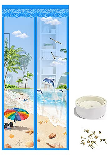 Magnetic Fly Screen Door Heavy Duty Windproof Anti Mosquito Mesh Curtain with Magic Tape No Punch Lace Decorative Embroidery Pattern Curtain Keeps Bugs & Insects Out (90x210CM, Island Scenery)