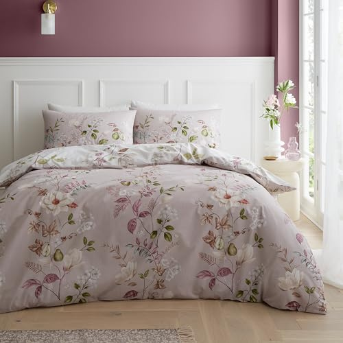 Bianca Francesca Floral 200 Thread Count Cotton Reversible Double Duvet Cover Set with Pillowcases, Cream Pink