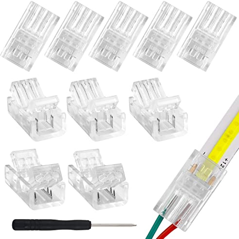 Aroidful 2 Pin COB LED Verbinder 8mm 10 Stück mit Schraubendreher | lötfrei stabil wiederverwendbar transparenter Stecker für 0 bis 36V einfarbige COB Streifen