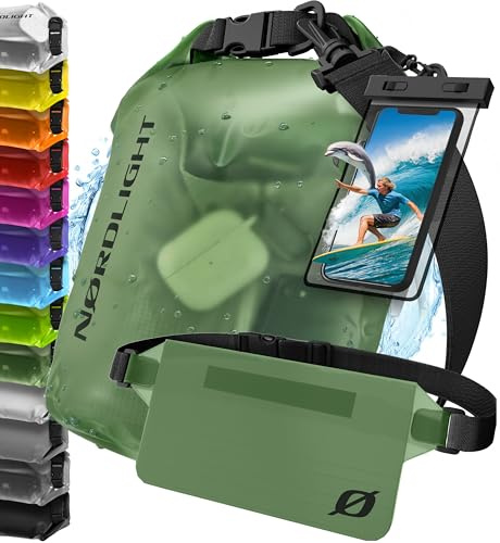 Nordlight Dry Bag Sacca Impermeabile con Custodia Per Cellulare e Marsupio (10L, Verde Scuro) Zaino, Sacca Stagna Borsa Impermeabile - Spiaggia, Canoa, Stand Up Paddling, Immersioni