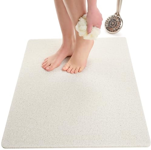 Enkosi Loofah Non-Slip Shower Mat - Shower Floors, Bathtub, Bathrooms, Wet Areas - Cushioned Bath Mat with Drain Holes - Quick Dry PVC, Secure Safety Pad Without Suction Cups (32x24 White)