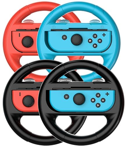 TIZOPO 4 PCS Steering Wheel Compatible for Nintendo Switch Wheel, Family Sports Party Pack Accessories Compatible with Switch JoyCon Controllers, (1 Pair Black，Blue and Red)