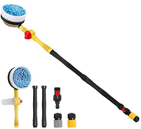 Fukamou Autowaschbürste | 360 Grad Drehung Teleskop Mikrofaser Autowaschmopp | Teleskopstiel Bis 52 cm | Mit Wasserzulauf | Für Auto RV SUV Wohnmobil