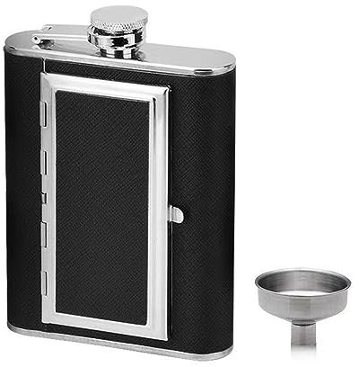 Flasque de Poche avec Entonnoir en Acier Inoxydable Étui à Cigarettes Extérieur Portable 6 Oz Whisky Liqueur Flacon avec Cuir PU Enveloppé, Noir