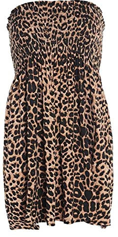 Women's Plain Printed Sheering Top Off-Shoulder Boobtube Style Shirt Ladies Beach Summer Mini Dress Gator Bandeau Oversized Strapless Boob Tube Plus Size Leopard 12-14