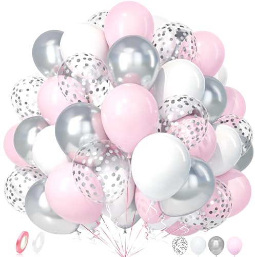 Unisun Luftballons Pastell Rosa Weiß, 50 Stück Latex Ballon Macaron Rosa Weiß Metall Silber Konfetti Luftballon Mädchen Frauen Geburtstag Taufe Jubiläum Geschlecht Offenbaren Verlobung Babyparty Deko