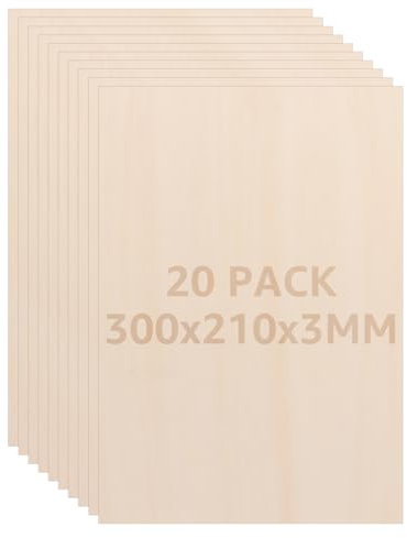 CYEER Confezione da 20 Pannelli in Legno Compensato da 300 x 210 mm, 3 mm, in Compensato Sottile, per Artigianato, Fai da Te, Incisione su Legno, Progetti Laser, Modellismo, Decorazione, Dipinti