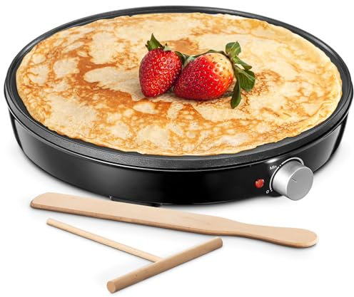 Yabano Crepera Eléctrica, Revestimiento Antiadherente, Diámetro 30 cm, Incluye 2 Utensilios para Hacer Crepes, Rodillo Esparcidor y Espátula Incluidos 1000 W