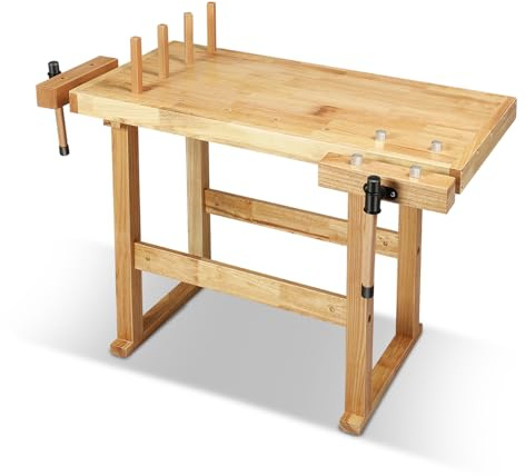Auto Dynasty 44 Wood Workbench, Heavy Duty Woodworking Bench with Adjustable Handle, 300Lbs Load Capacity Woodworking Table Work Bench with Open Space for Garage, Workshop, Home Storage (Natural)