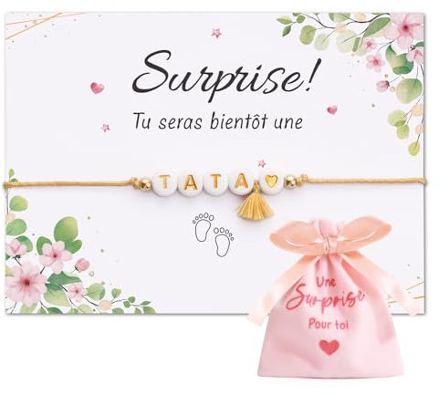 Kit de Cadeau Annonce Grossesse Tata Bracelet TATA Cœur Doré Perles et Carte de Vœux Tu seras bientôt une TATA avec Sachet Rose Surprise Future Demande Annonce pour Fête Naissance Baptême Noël