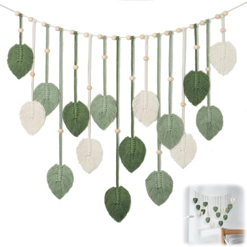 Bssowe Foglie Intrecciate Bohémien Chic, 120 * 75 cm Arazzo da Parete, Arazzo in Macramè da Appendere Alla Parete, con Perline di Legno e Foglie, Soggiorno, Camera da Letto, Interni (Verde)