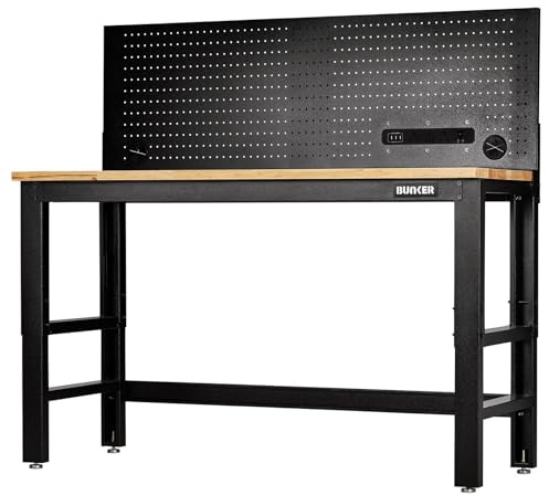 BUNKER 28096 Workbench with Hardwood Worktop and Power Pegboard, 1550mm