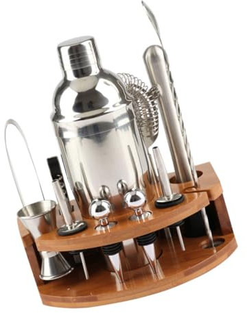 PRETYZOOM Coctelera de Acero Inoxidable 12 Piezas y Soporte de Bambú para Cócteles en Casa, Juego de Herramientas para Cócteles Versátiles y Bien Organizadas