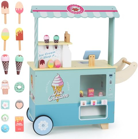GOPLUS Juego de Carrito de Helados, Carrito de Empuje con Máquina Expendedora, Juguetes para Hacer Helados, Estante de Exhibición y Mostrador de Pago, Camión de Helados de Madera (Verde)