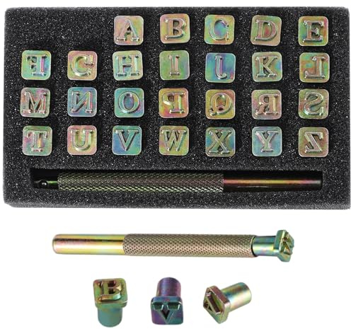 YOFAPA 27-teiliges Alphabet-Stempel-Set, Professionelles Großbuchstaben-Stempel-Set, Lederhandwerk-Stempelwerkzeuge, Prägebuchstaben-Stempel 6 mm, Lederkunst-DIY-Werkzeugset