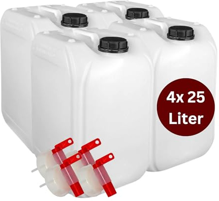 Brestol® 4X 25L Wasserkanister mit Auslaufhahn (DIN 61) | BPA-frei & lebensmittelecht | Leere Kunststoffkanister für Trinkwasser, Chemikalien, Diesel & Öl | Säurefest, geruchsneutral, ablesbare Skala