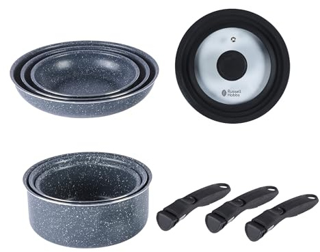 Russell Hobbs Smart Clip 10-Piece Frying Pan & Saucepan Set – 20/24/28 cm Fry Pans, 16/18/20 cm Cooking Pots, 3 Clip-On Handles, Universal Glass Lid, Non-Stick, Induction Suitable, Oven Safe