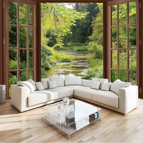 Moda Art Papel Tapiz Arroyo del bosque fuera de la ventana Arte 3D Mural De Papel Pintado 400x280 cm Fotomural Decoración De Papel Tapiz Fondo de Pared de Tv de Fotografía
