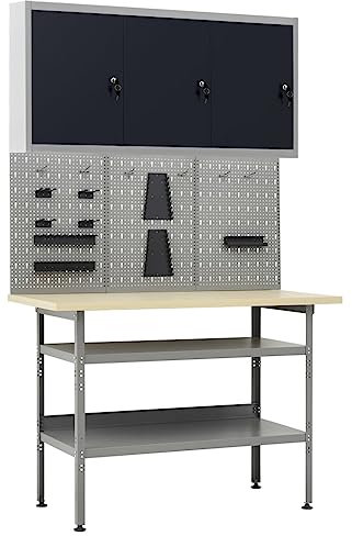 Werkbank mit 3 Werkzeugwänden und 1 Wandschrank, Arbeitstisch, 300 kg Tragkraft, Hobelbank, Montagetisch für Garage, Werkstatt und Schuppen, 120 x 60 x 85 cm