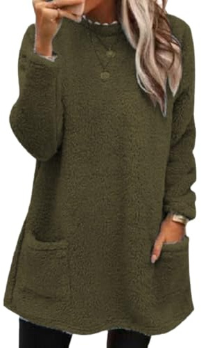Sudaderas sin Capucha Mujer Jersey de Forro Polar Suelto Sólido Manga Larga | Sudaderas Suéter con Bolsillos Sudadera Mujer Oversize Manga Larga Otoño Casual Cuello Crew Sin Capucha