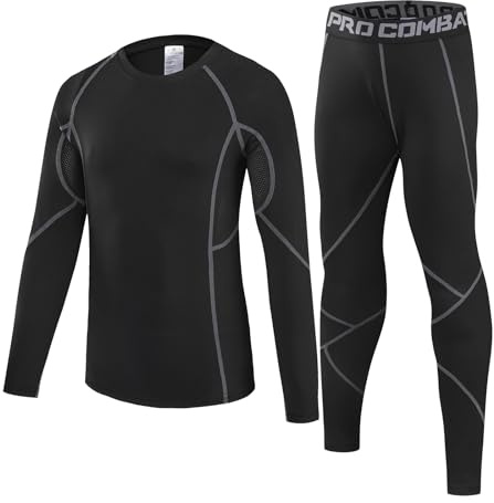 Leeboom Thermo-Unterziehset für Kinder, Fußball-Unterhemden für Jungen, warme Basisschicht für Kinder – schwarzes Langarm-Top und passende Hose für den Winter, 240 g, XL-Size 28 (146/152) 140-150CM