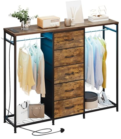 Trironsun 5 Drawer Dresser with Clothes Rack Chest of Drawers with Clothes Rail LED Lights Wardrobe Closet Drawers Charging Station Flexible Shelf Open Shelves for Bedroom Living Room (Rustic Brown)