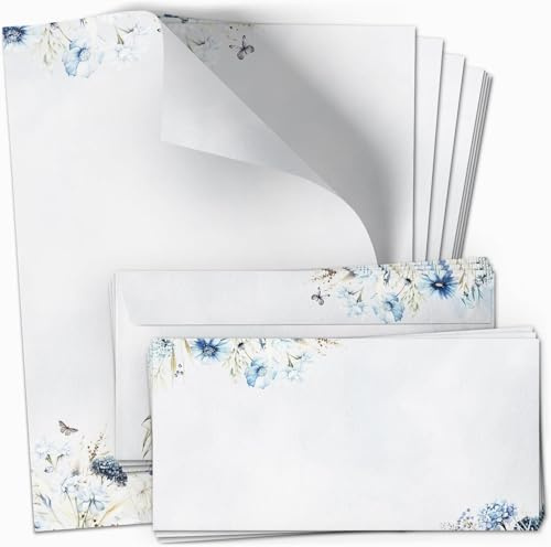 10 Briefpapier und Briefumschlag Set | Blumen Motiv Floral Blau | Schreibpapier A4 & Umschlag DIN Lang | Design Papier | Schreibpapier A4 & Umschlag DIN Lang | Design Bastel Papier