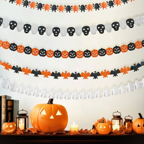 KOMEIL 5pcs Halloween Dekoration Girlande, 3m Halloween Bunting Hängende Banner Fledermaus Spinnen Skelett Geist kürbis, Halloween-Banner Papier Girlande Set, Gilt für Aufhängen der Tür
