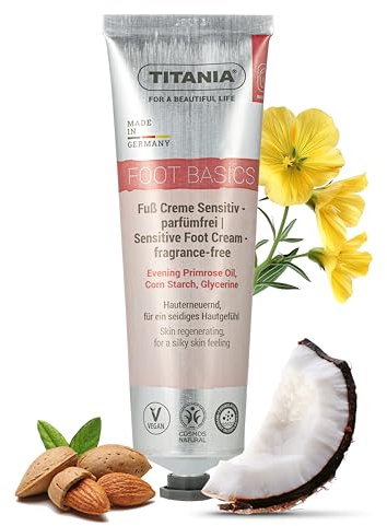 TITANIA Sensitiv Fußcreme für empfindliche Haut parfümfrei, feuchtigkeitsspendend & hauterneuernd mit Nachtkerzenöl, Kokos-, Mandel- & Avocadoöl, Naturkosmetik, Vegan, 100 ml