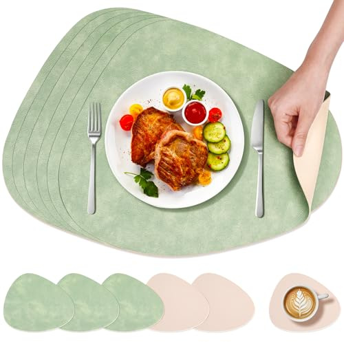 WGIDSKKI 6er Set Tischsets Leder und Untersetzer, Platzsets Abwaschbar Doppelseitigen, Hitzebeständig Platzdeckchen Lederoptik Platzset, Tischuntersetzer Tischsets rutschfest (Oval)