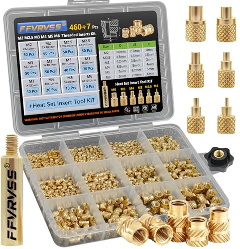FFVRVSS 460+7Pcs M2 M2.5 M3 M4 M5 M6 Premium Brass Threaded Inserts, Metric Brass Knurled Nuts Assortment Kit, with Heat Set Insert Tool, for Plastic and 3D Printing Components, All-in-one Solutions