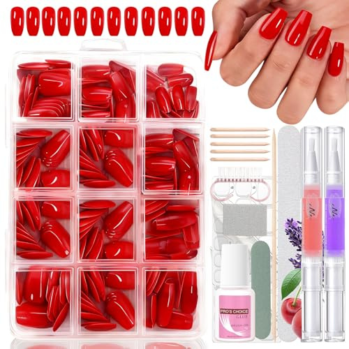 240 Stück Falsche Nägel Zum Aufkleben, Rot Ballerina Kurze Künstliche Fingernägel Kit mit 2 Pcs Nagelöl Stift - Full Cover Fake Nails softgel Natürliches & Angenehmes für Nail Art (Red Ballerina)
