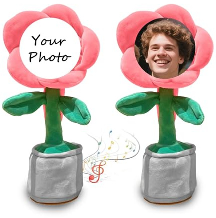 Singing Dancing Sunflower with Custom Face, Repeats What You Say, Funny Personalized Photo Sensory Sunflower Cactus Learning Talking Plush Toy for Kids Boys Girls