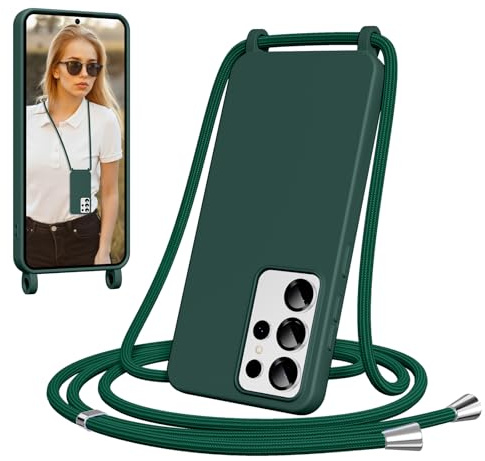 Yxnvixn Crossbody Lanyard Case for Samsung Galaxy S25 Ultra 5G, Liquid Silicone Shockproof Protective Mobile Phone Cover with Strap Adjustable Neck Cord Necklace TPU Soft Shell, Dark Green