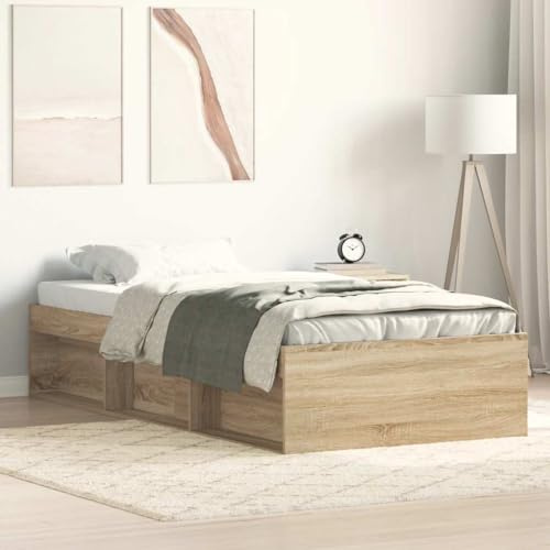 QJBSAVVA Bettgestell Sonoma Eiche 90x190 cm Holzwerkstoff massiv Sonoma-Eiche Modernes Design mit 6 Staufächern für Jugendbett Gästebett Schlafzimmer Deko