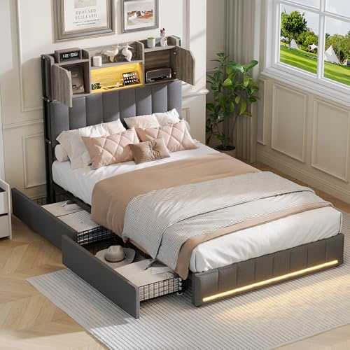 Aneutr Säng 90 x 200 med förvaringslådor, LED- och USB-vadderad enkelsäng, 1 person sängar, 1-sits sängramar för barn tonåringar (L grå, 90 x 200 cm)