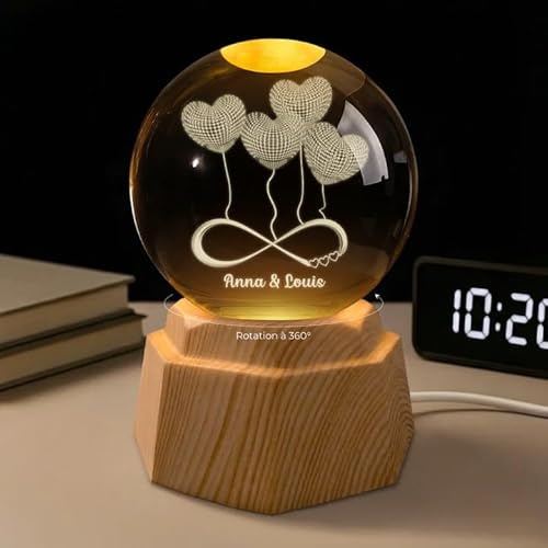 Cadeau Plus Veilleuse Boule De Cristal 3D Personnalisée - Je T’Aime Jusqu’à La Lune - Boule a Neige Personnalisable, Boule Photo personnalisée, Boule Lumineuse LED (modèle #3)