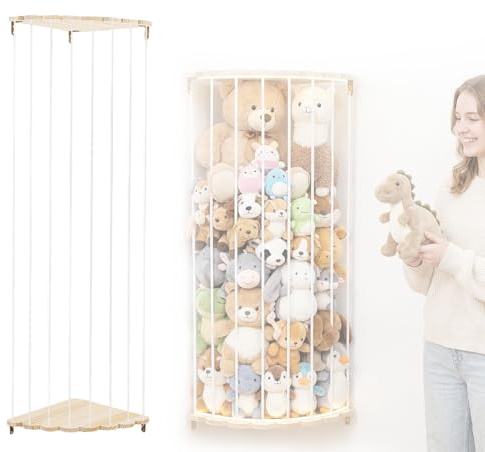 Kuscheltier Aufbewahrung Wand Ecke, 135-180cm Längenverstellbar Stofftier Aufbewahrung Organizer mit LED-licht, Holz Hängend Plüschtier Aufbewahrung Netz für Kinderzimmer, Spielzimmer, Schlafzimmer