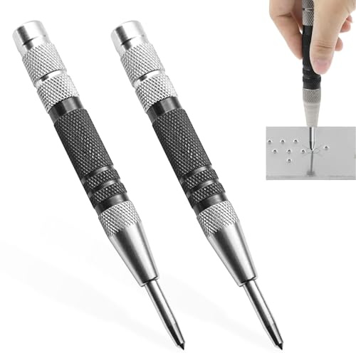 2 Pcs Automatic Center Punch, 5 Spring Loaded Metal Punch Tool, One-Hand Operation Centre Punch for Metal, Glass, Wood, DIY Projects, Automotive Repair, Construction, Black Steel Punch Set