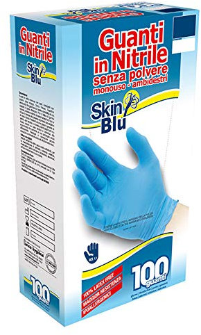 Gants jetables en nitrile SKIN BLEU Taille XL sans poudre jetable Ambidextre Couleur : bleu hypoallergénique