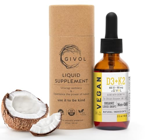 GIVOL D3 + K2 Liquid Drops with MK-4 & MK-7 –Non-GMO, Gluten-Free, Sugar-Free, Easy Absorption, Liquid Spray for Kids & Adults - 2 Fl Oz/60 ml, 240 Day Supply