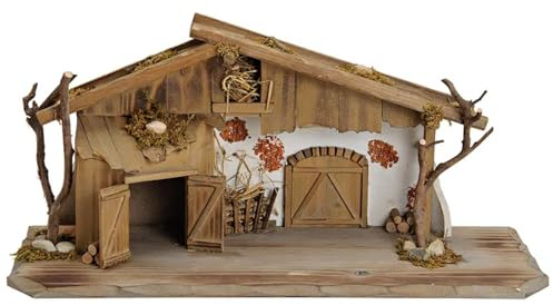 Schönes XXL Krippenhaus mit süßen Details aus Kiefernholz und MDF - für ihre selbst gestaltete Krippenszene (Natur) B60 x H27 x T20cm Weihnachtsdeko Holzkrippe Dekoration Geschenkidee