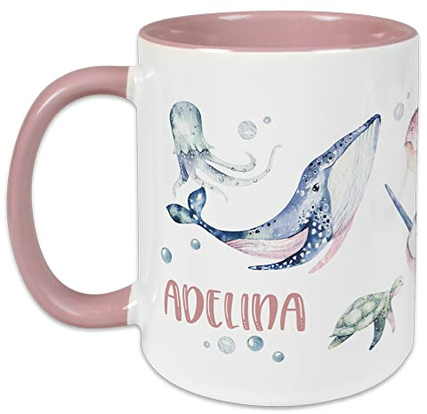 GRAZDesign Kindertasse mit Namen, Tasse Kinder Mädchen, personalisierte Trinkbecher Kindergeschirr Kinder Becher Rosa, Keramik BPA-frei, 330ml Motiv Wal Fische Seepferd