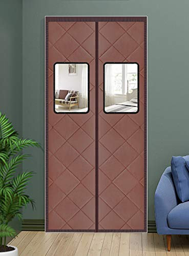 Cozomiz Wärmeschutzvorhang Magnet Thermo Türvorhang Isolier Schutz Panel-Isolierung Thermovorhang Verdunklungsgardine Winddicht 120x230 PU Leder Braun mit Fenster