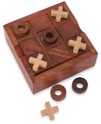 Ajuny Wooden Board Games Tic Tac Toe and Solitaire Steel Marbles 2 in 1 Set | Handmade Board Game Noughts and Crosses & Solitaire Coffee Table Classic Family Travel Game for Kids Adults Gift 4.5 Inch