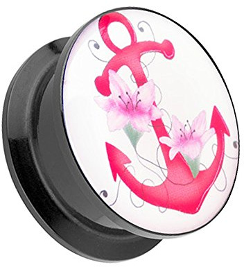 Taffstyle Ohr Plug Flesh Tunnel Piercing Ohrpiercing Kunststoff Schraub Schraubverschluß Picture mit Pink Anchor Anker & Blumen Motiv