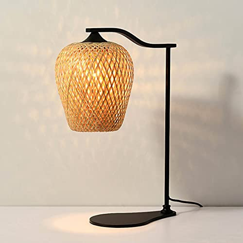LANMOU Retro Laterne Tischlampe Aus Metall Schwarz Mit Bambus Lampenschirm, E27 Nachttischlampe Aus Holz Korb Geflochten in Hell Braun, Kabel Mit Schalter, Tischleuchte Für Schlafzimmer, Wohnzimmer,B