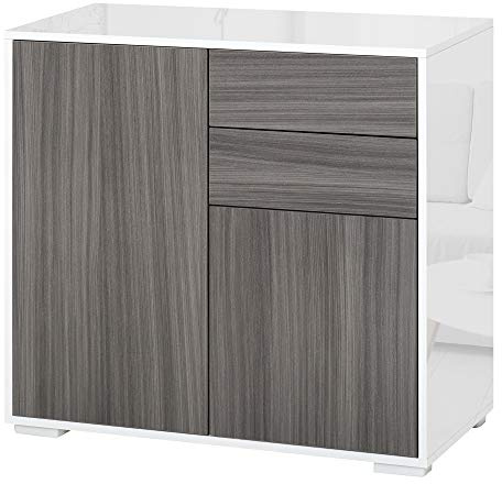 HOMCOM Aparador para Cocina con 2 Puertas 2 Cajones 79x36x74 cm Gris | Marco Blanco Brillante, Estante Ajustable, Apertura a Presión, Armario de Almacenamiento, Dormitorio Salón